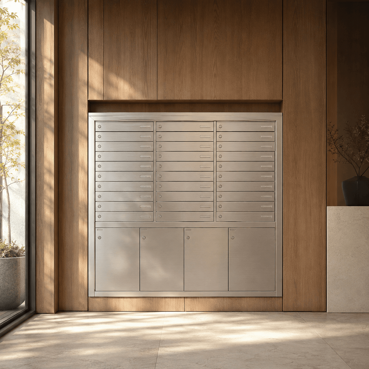 Centralized aluminum mailboxes in a warm wood apartment lobby