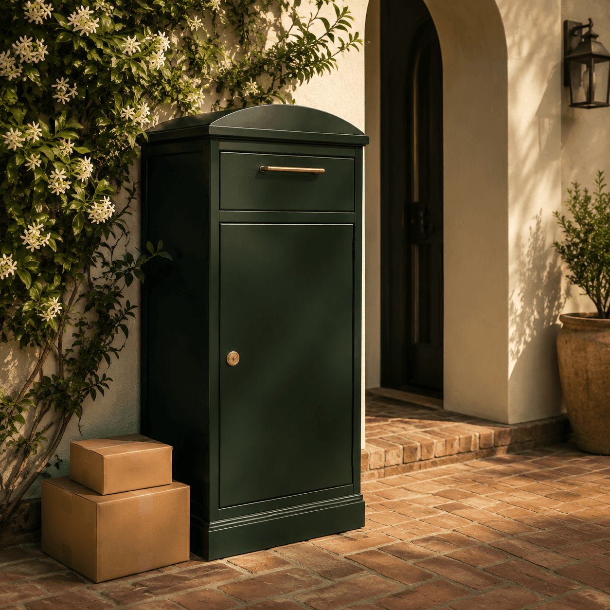 Green parcel delivery box beside a home entrance