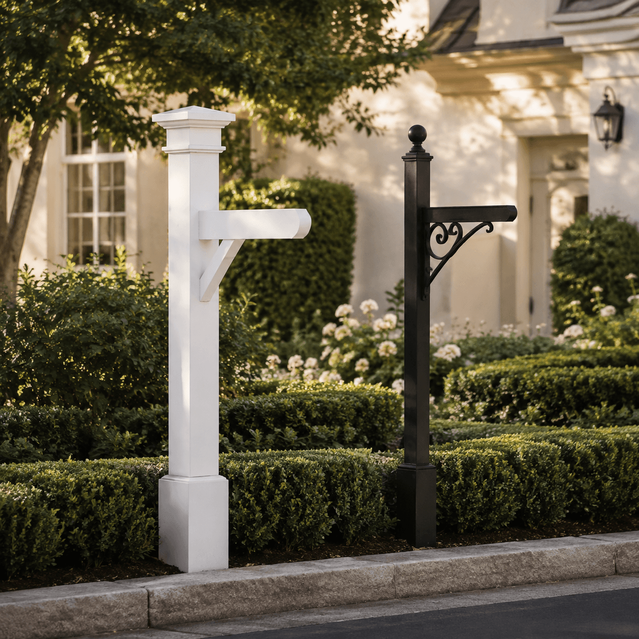 White wood and black metal mailbox mounting posts