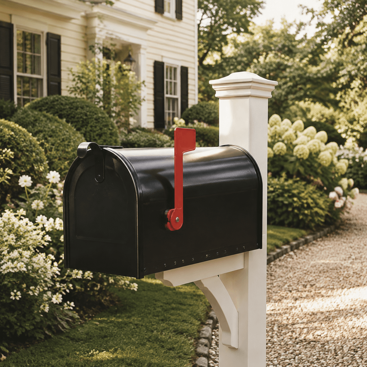 Black curbside mailbox in a landscaped residential garden