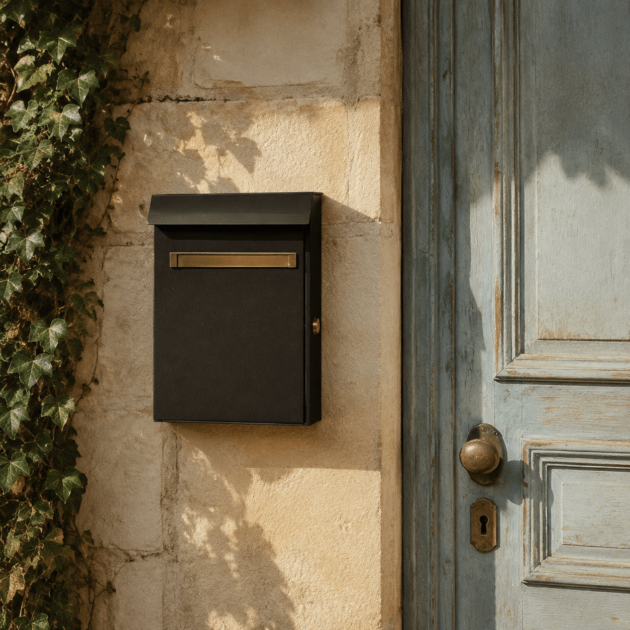 Black wall-mounted letter box beside a blue front door